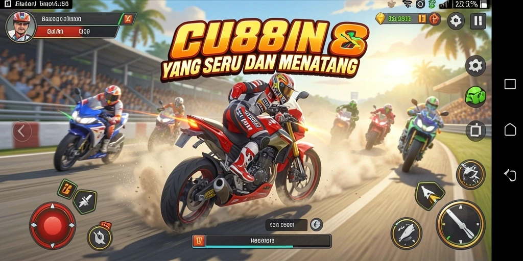 Tampilan gameplay balapan motor yang seru dan mendebarkan.