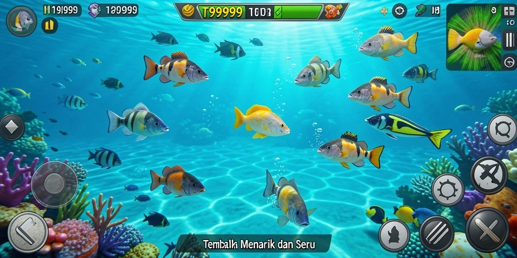 Tangkapan layar gameplay seru T9999 yang menampilkan aksi tembak ikan.