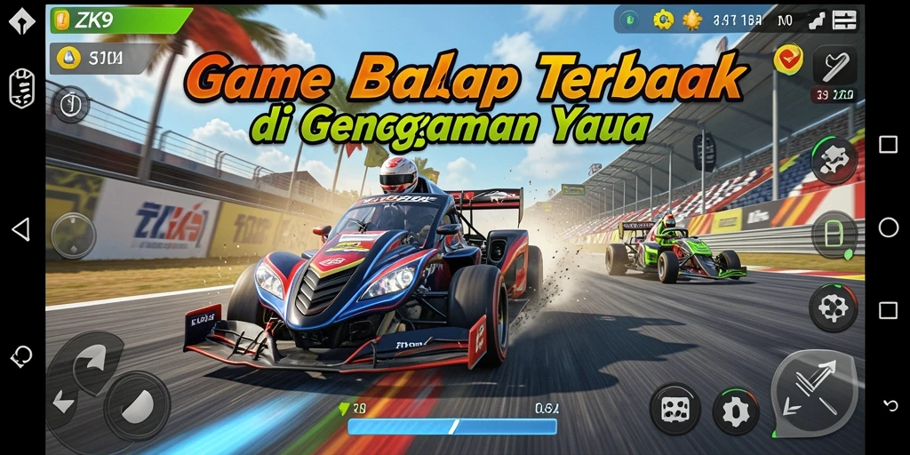 Screenshot gameplay ZK9 menampilkan balapan yang intens dan mobil yang menakjubkan.